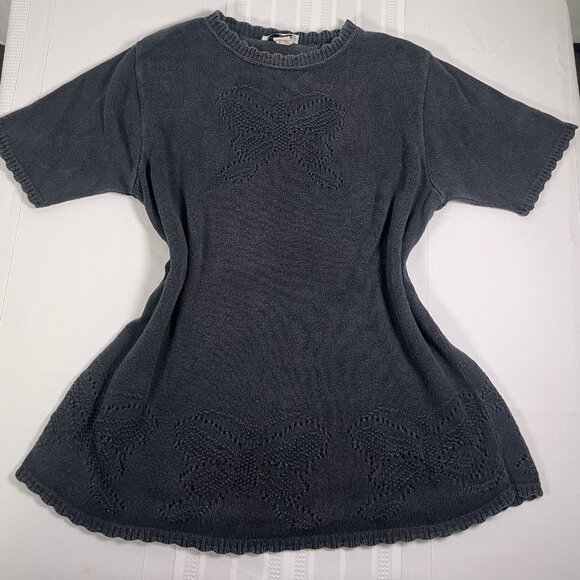 LEA Sweaters - Vintage 90s LEA Knit Tunic Grey Sweater Pointelle Butterfly Boho Large Coquette